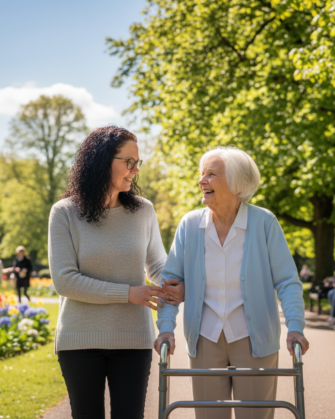 Assisted days out with Silver Skies: A companion providing gentle, reassuring support to an older client enjoying a walk in a sunny park in Porthcawl.
