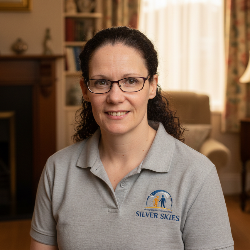 A welcoming portrait of Kathrine, the dedicated companion behind Silver Skies, wearing her branded polo shirt and smiling warmly in a cosy home setting.