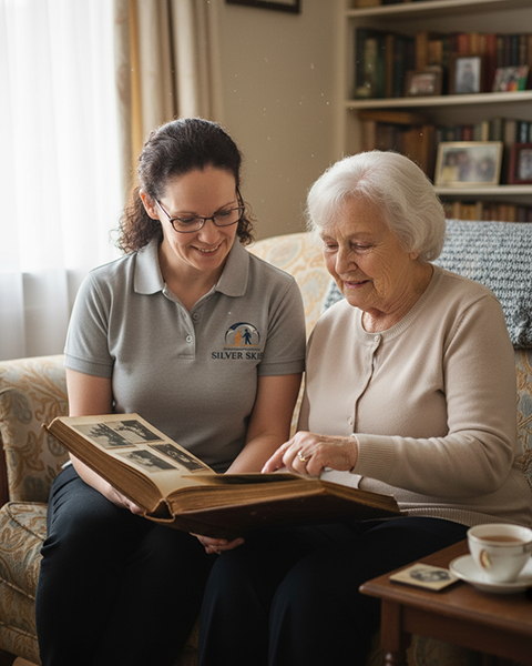 Kathrine providing at-home companionship, sharing a happy moment with a client as they sit together and look through a photo album.