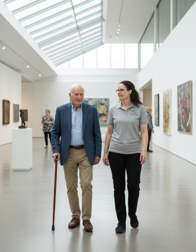 Kathrine, wearing her grey Silver Skies polo shirt, walks through a bright art gallery alongside an older gentleman using a walking stick. They are smiling and talking to each other.