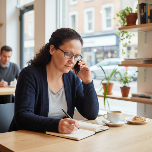 Kathrine, wearing glasses and a navy cardigan, sits at a bright wooden table in a cafe in Bridgend, holding a phone to her ear while writing in a notebook.