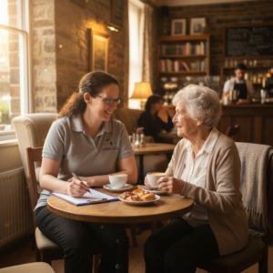 A bright, welcoming scene inside a cafe near Cowbridge. Kathrine sits across from a client at a small wooden table holding two white cups and a plate of pastries. Both women are smiling happily at one another, with Kathrine holding a pen and clipboard ready to take notes on how best to support her.