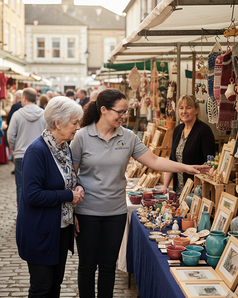 Kathrine providing outdoor companionship, enjoying a sunny trip to a local market in Bridgend with a client to look at the flower stalls and enjoy the fresh air.
