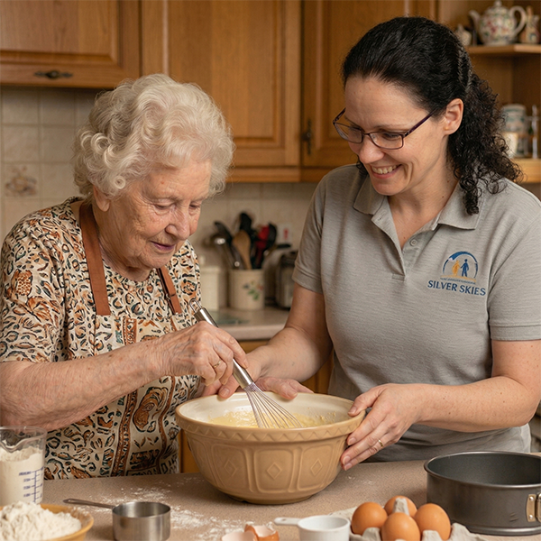 A cheerful scene in a bright kitchen. Kathrine and an older female client stand together at the counter, getting ready to bake. Kathrine is wearing her branded grey polo shirt, and both women have big, warm smiles. On the counter in front of them is a glass mixing bowl, a hand mixer, and baking ingredients.