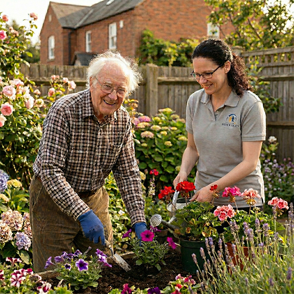 A cheerful outdoor scene showing Kathrine and a client happily gardening together. They are standing side-by-side at a wooden raised bed, tending to the plants. Kathrine is wearing her branded grey polo shirt, and both share a warm smile, highlighting hands-on support and shared activities.