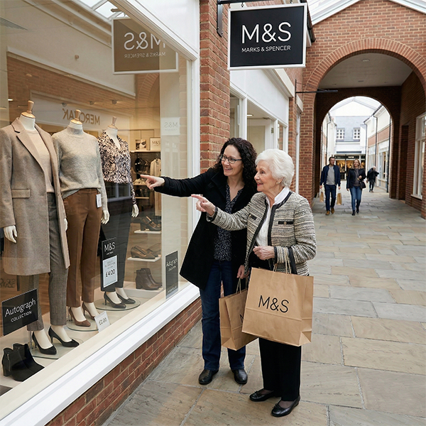 A Silver Skies companion supporting an older client on a local shopping trip to mc arthur glen. The two women are smiling and looking at a Marks & Spencer shop window display together, with the client holding her shopping bags