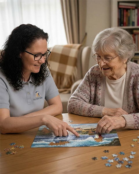 A Silver Skies companion and an older lady smiling warmly as they work on a jigsaw puzzle together at a wooden table in a comfortable living room.