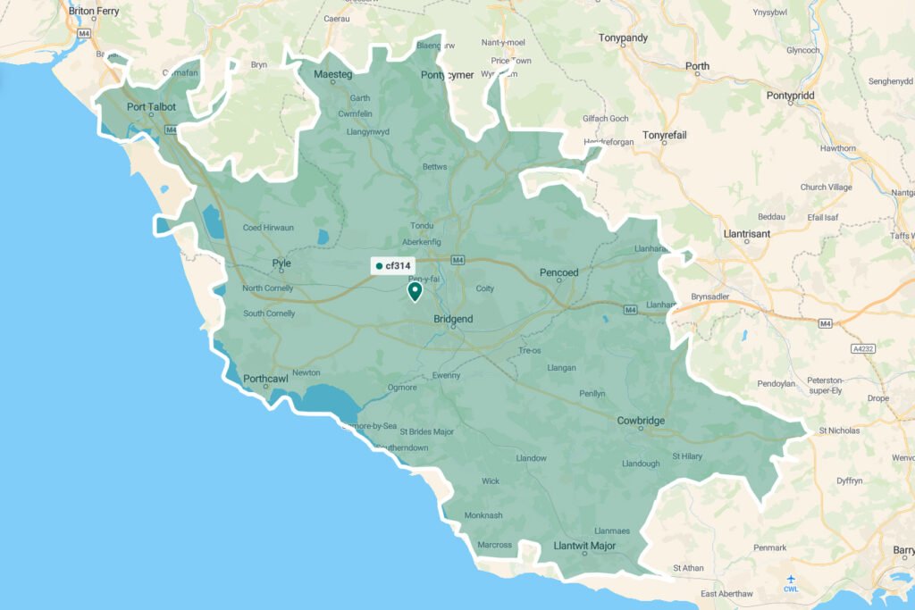 a map of south wales showing area coverage fo Bridgend & Cowbridge Margam & Aberavon Llanblethian, Aberthin, St Hilary & St Mary Church Sigingstone, Llysworney, Penllyn & Ystradowen City, Llansannor, Colwinston, Corntown & Ewenny Llandow, Wick, St Brides Major, Southerndown & Ogmore-by-Sea